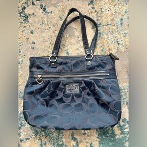 Coach Poppy Signature Navy Blue Canvas Leather Trim Satchel Purse
